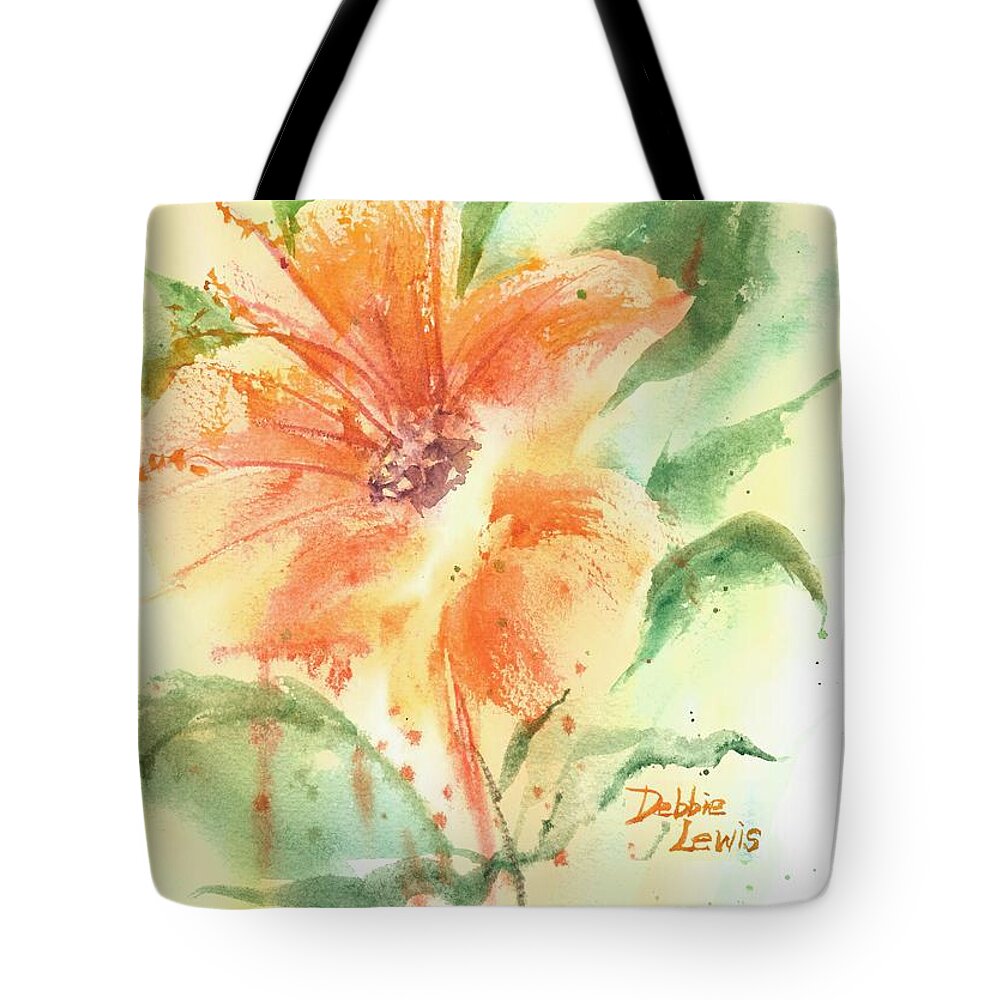 Orange Flower With Yellow Background Tote Bag featuring the painting Bright orange flower by Debbie Lewis