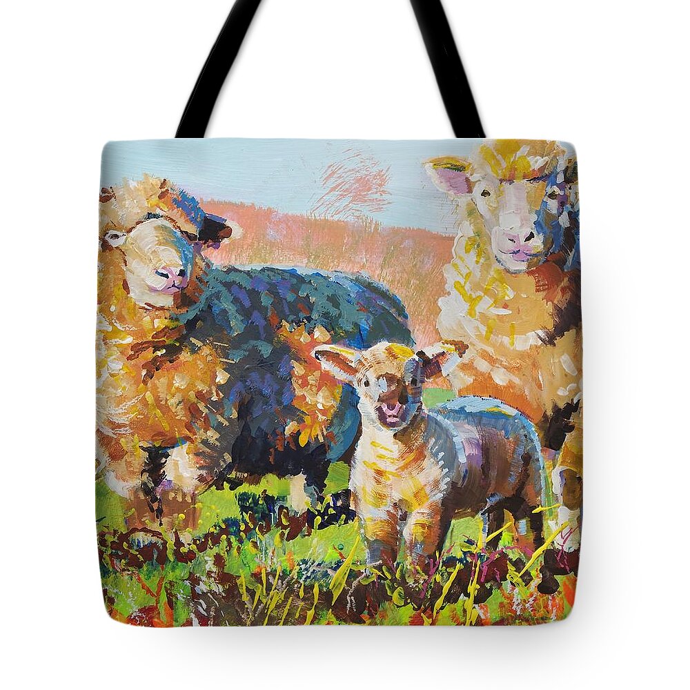 Sheep Tote Bag featuring the painting Bright Sheep and Lamb Painting by Mike Jory