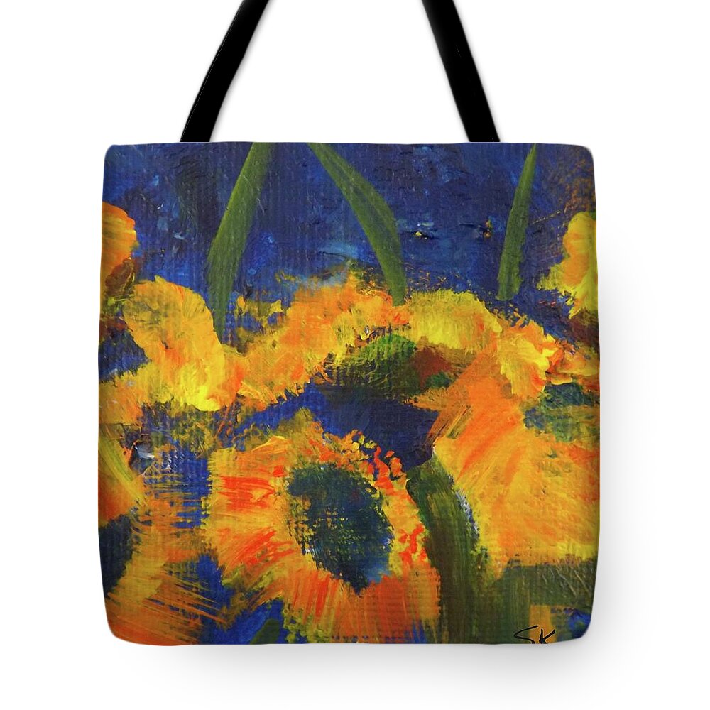 Abstract Tote Bag featuring the digital art Bright Sunflowers by Sherry Killam