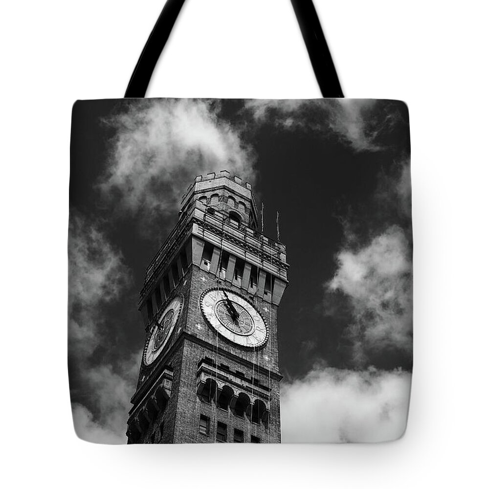 Baltimore Tote Bag featuring the photograph Bromo-Seltzer clock tower Greyscale Baltimore by James Brunker