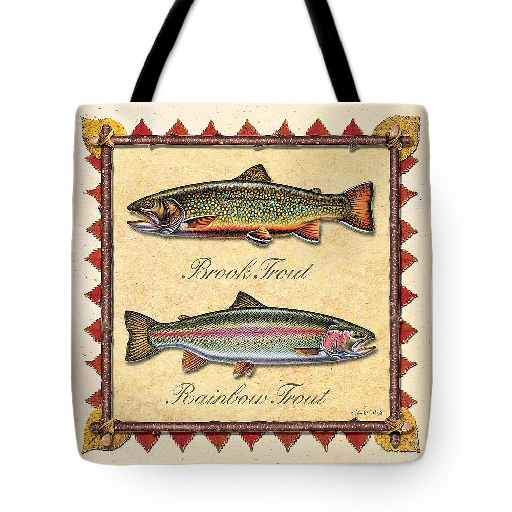Jon Q Wright Jq Licensing Trout Fly Flyfishing Brown Trout Rainbow Trout Brook Trout Cutthroat Trout Fishing Lodge Cabin Tote Bag featuring the painting Brook and Rainbow Trout Creme by JQ Licensing