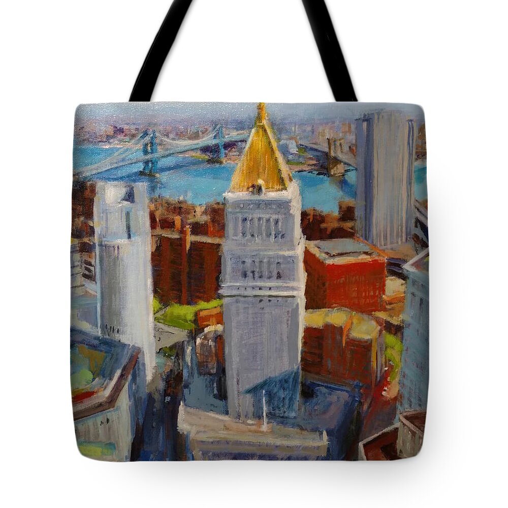 New York Tote Bag featuring the painting Brooklyn and East River Bridges from Foley Square by Peter Salwen
