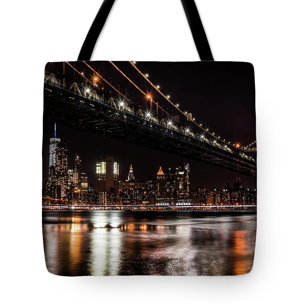 Brooklyn And Manhattan Bridge Tote Bag featuring the photograph Brooklyn and Manhattan Bridge by Jaime Mercado