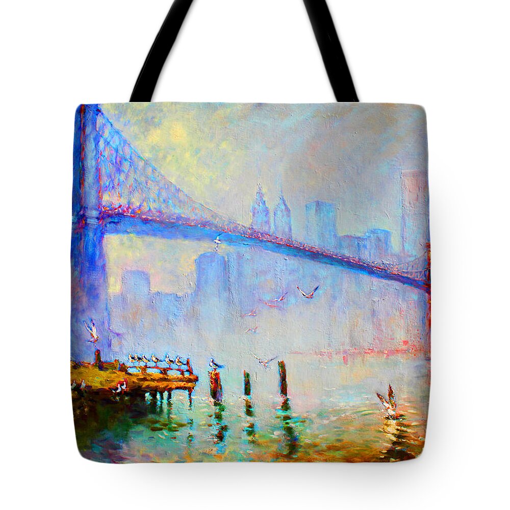 Brooklyn Bridge Tote Bag featuring the painting Brooklyn Bridge in a Foggy Morning by Ylli Haruni