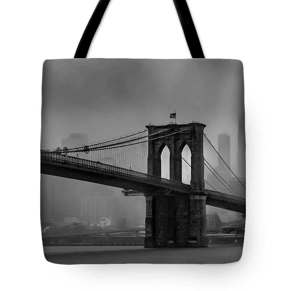 Brooklyn Tote Bag featuring the photograph Brooklyn Bridge in a Storm 2 by Adam Reinhart