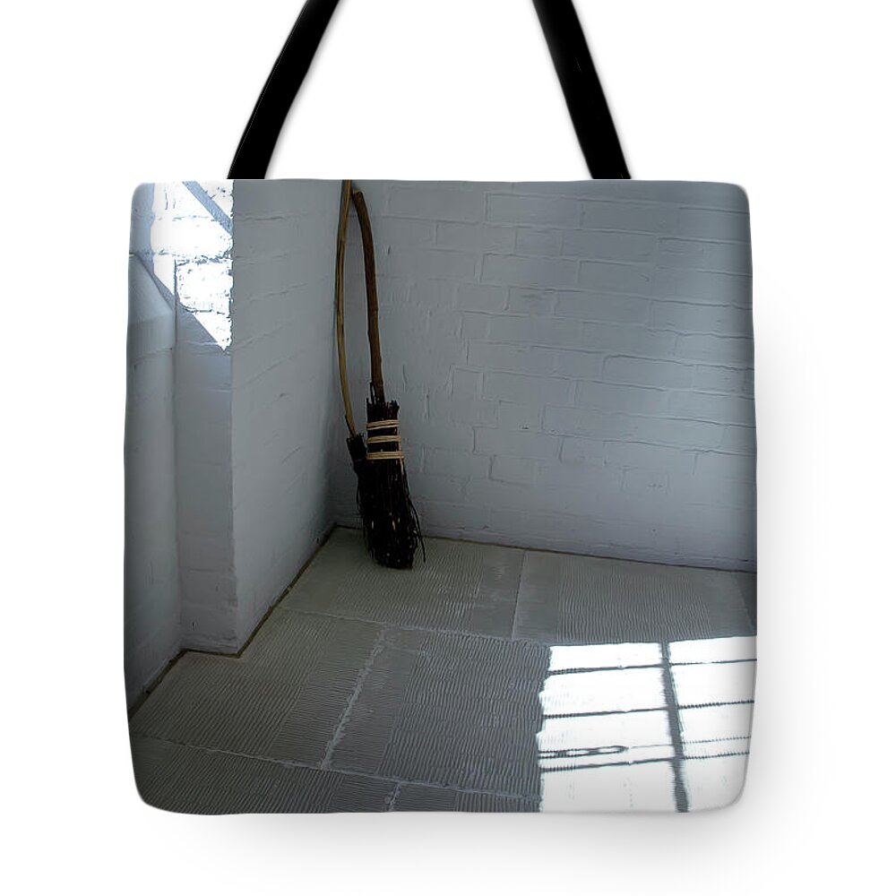 Broom Tote Bag featuring the photograph Broom in a corner. by Elena Perelman