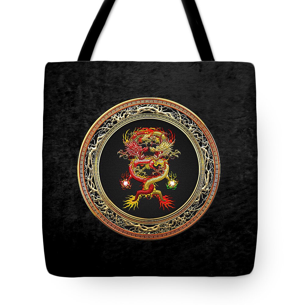 'treasure Trove' Collection By Serge Averbukh Tote Bag featuring the digital art Brotherhood of the Snake - The Red and The Yellow Dragons on Black Velvet by Serge Averbukh