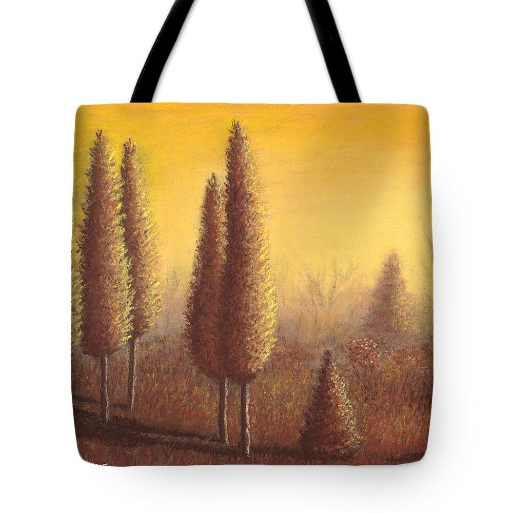 Brown Tote Bag featuring the pastel Brown Trees 01 by Michael Heikkinen