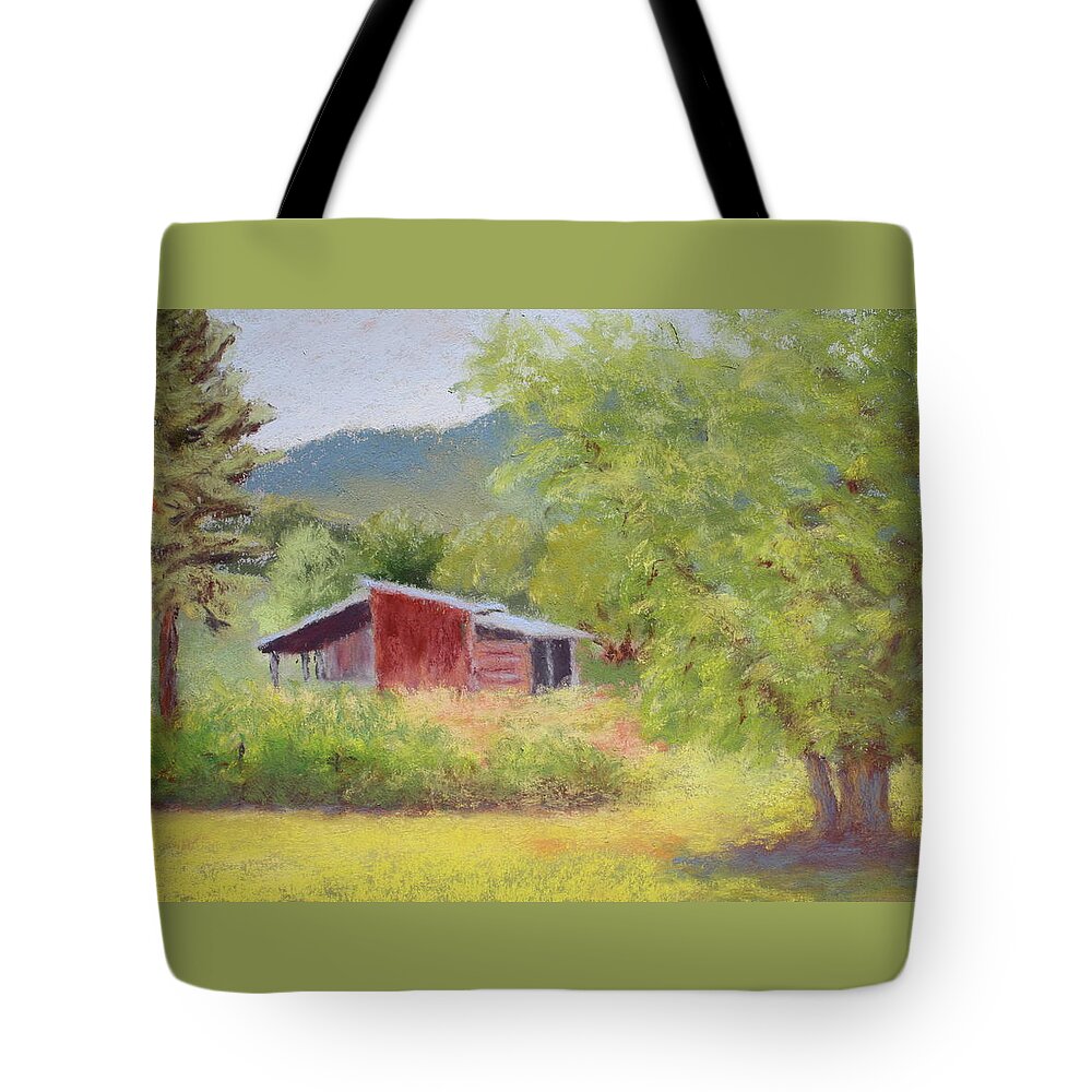 Landscape Tote Bag featuring the painting Brown's Shed by Nancy Jolley