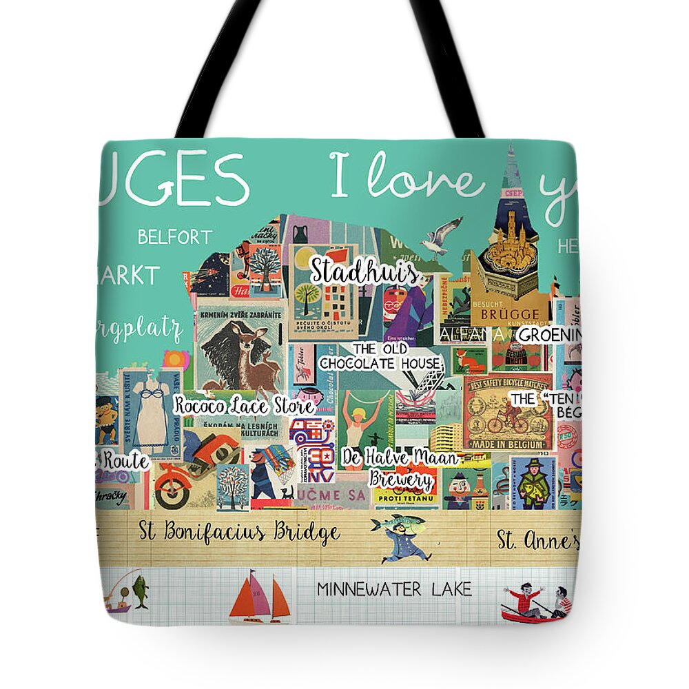 Bruges I Love You Tote Bag featuring the mixed media Bruges I love you by Claudia Schoen