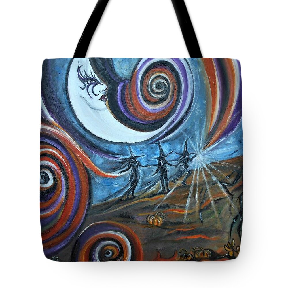 Halloween Tote Bag featuring the painting Bruja Luna by Yesi Casanova