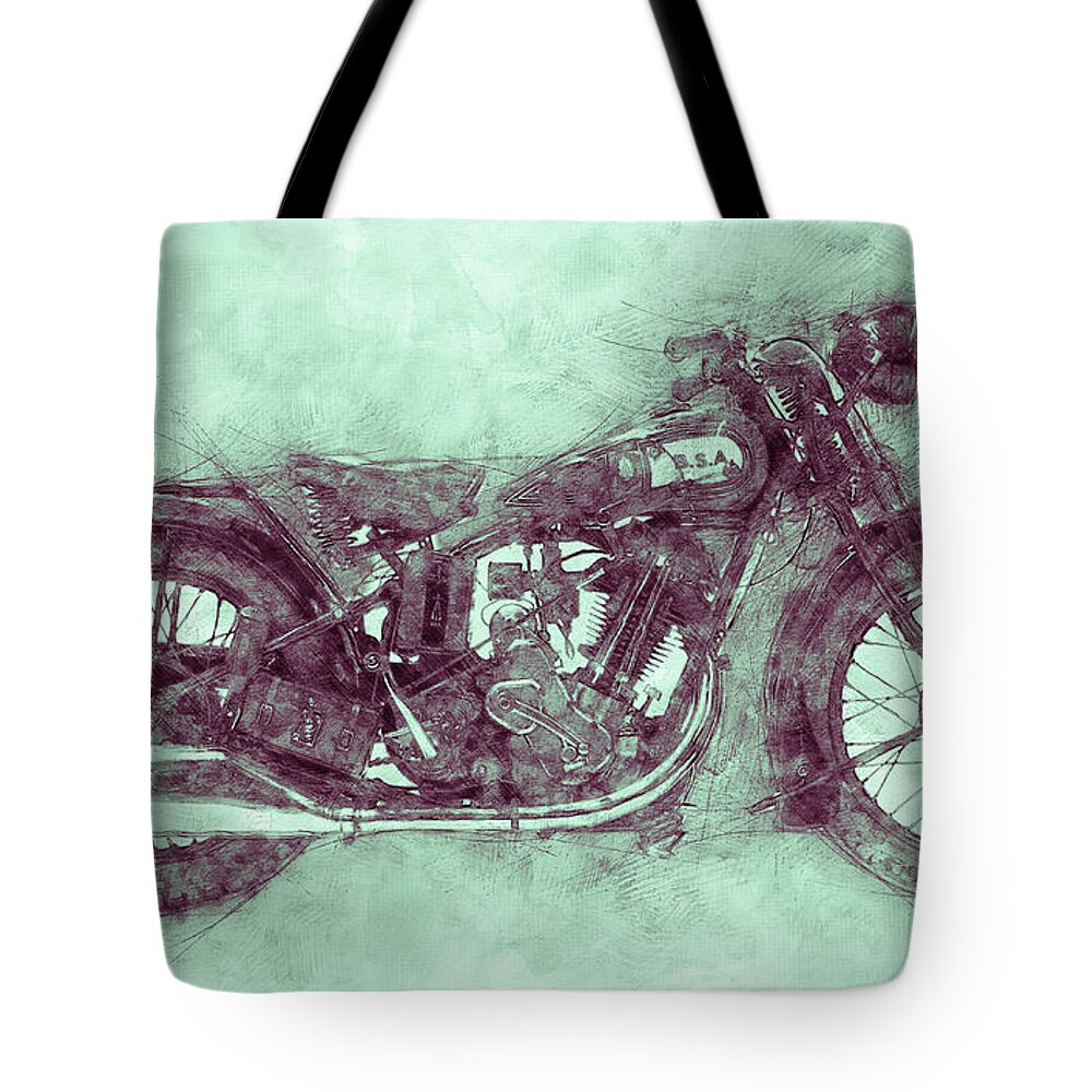 Bsa Sloper Tote Bag featuring the mixed media BSA Sloper 3 - 1927 - Vintage Motorcycle Poster - Automotive Art by Studio Grafiikka