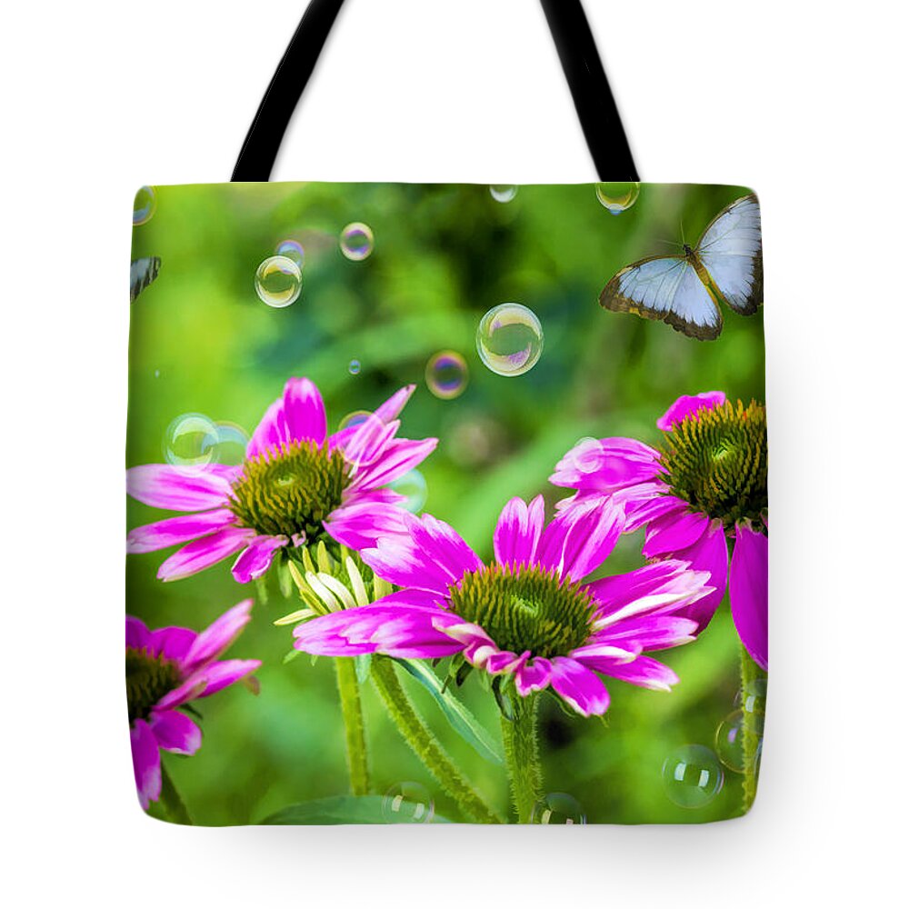 Flowers Tote Bag featuring the photograph Bubbles and Butterflies by Cathy Kovarik