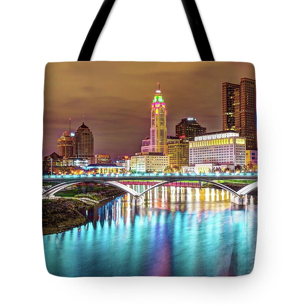 Columbus Skyline Tote Bag featuring the photograph Buckeye Skyline - Columbus at Night on the Water by Gregory Ballos