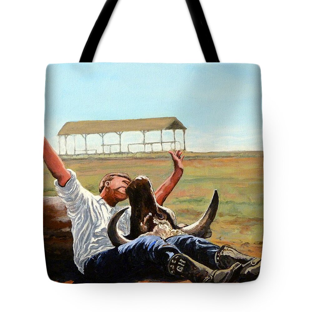 Bull Tote Bag featuring the painting Bucky Gets the Bull by Tom Roderick
