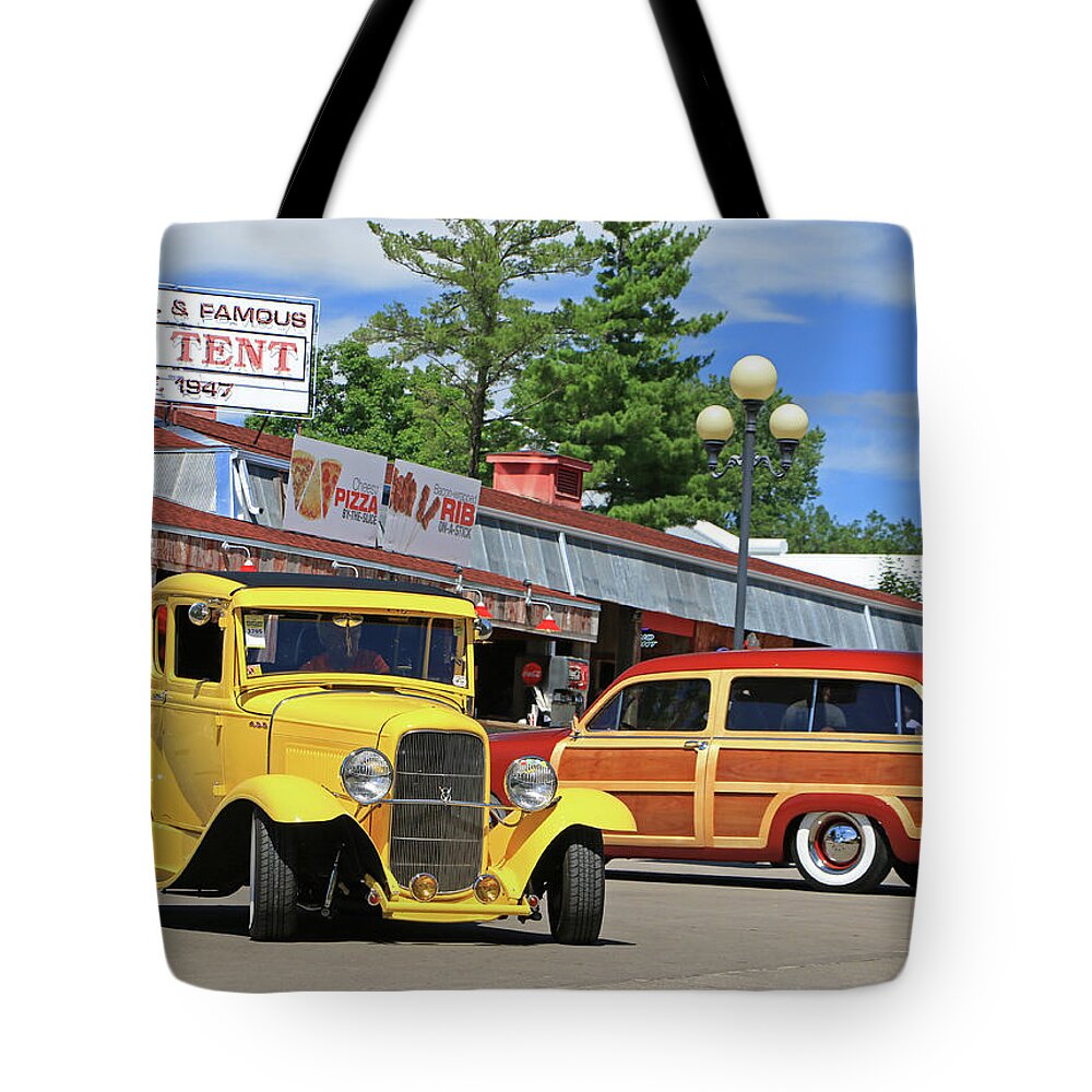 Goodguys Tote Bag featuring the photograph Bud Tent Hot Rods by Christopher McKenzie