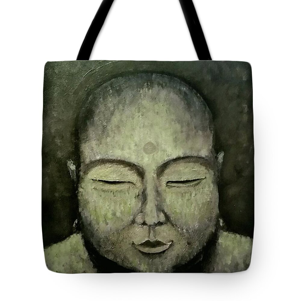 Buddha Tote Bag featuring the painting Buddha in Green by Carole Hutchison