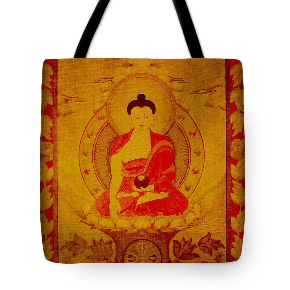 Shakyamuni Buddha Tote Bag featuring the drawing Buddha tapestry gold by Alexa Szlavics