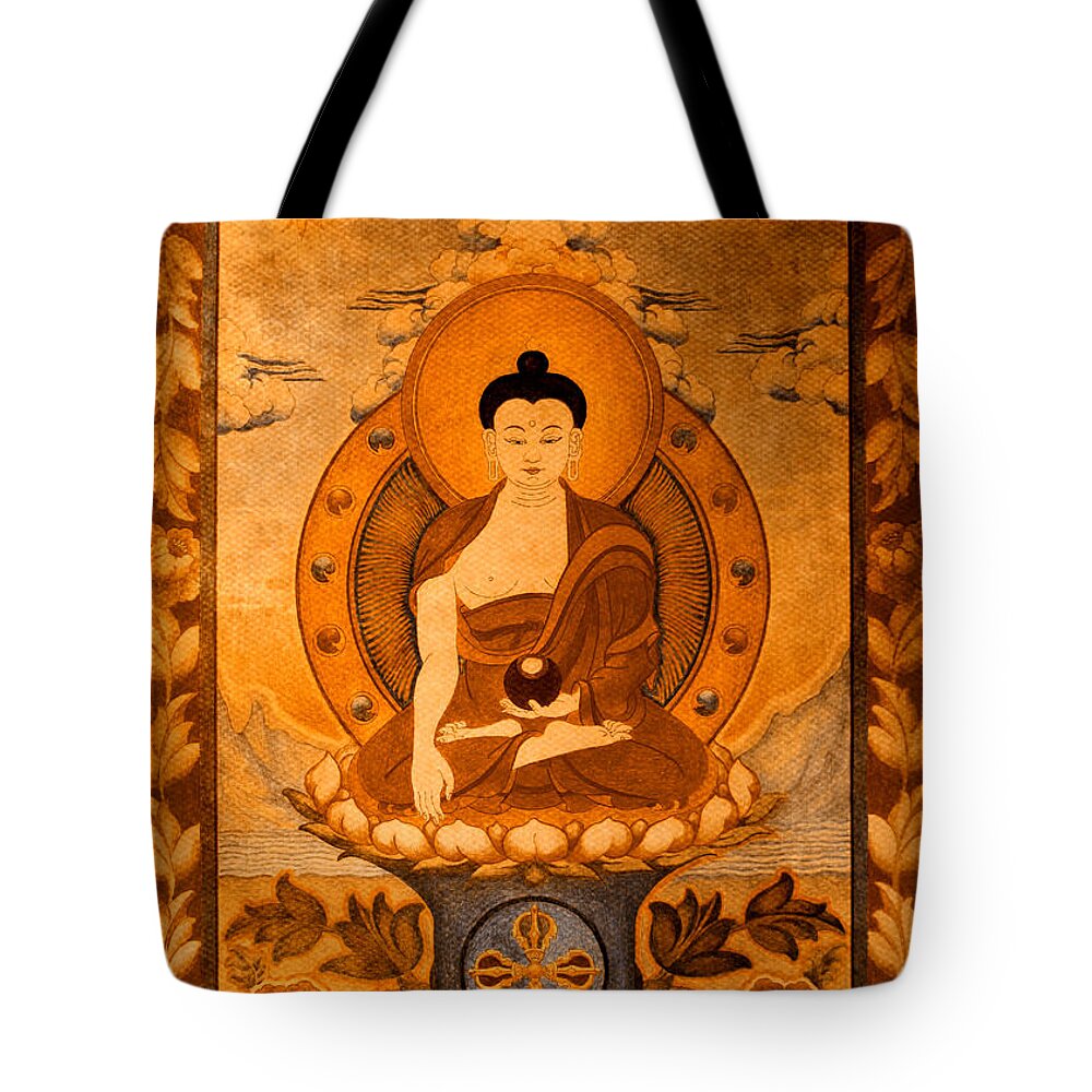 Buddha Tote Bag featuring the drawing Buddha thangka gold by Alexa Szlavics