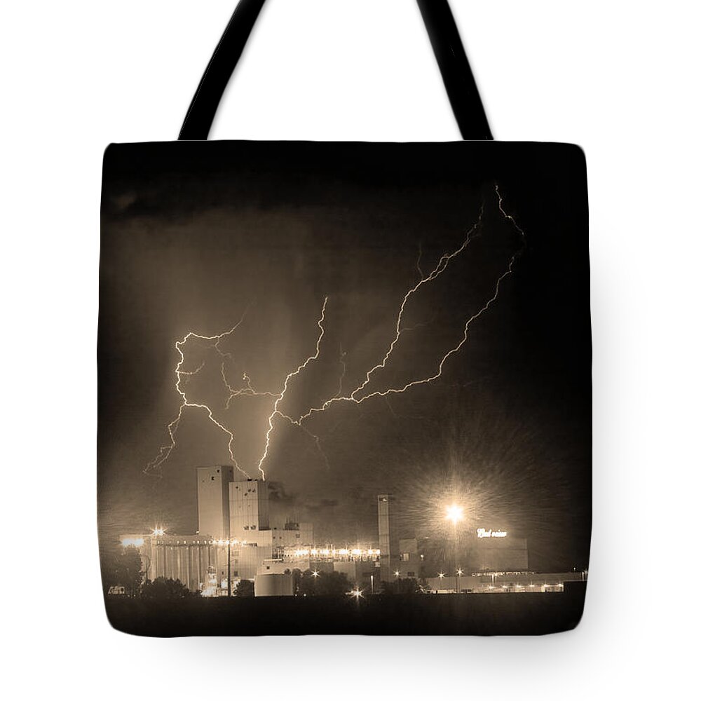 Anheuser-busch Tote Bag featuring the photograph Budweiser Powered by Lightning Sepia by James BO Insogna