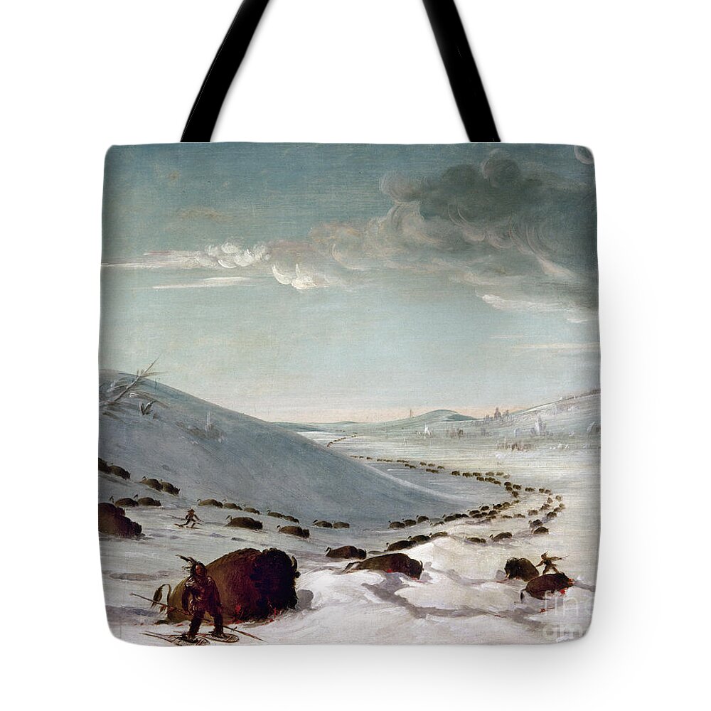 1846 Tote Bag featuring the painting Buffalo Chase In Winter by George Catlin