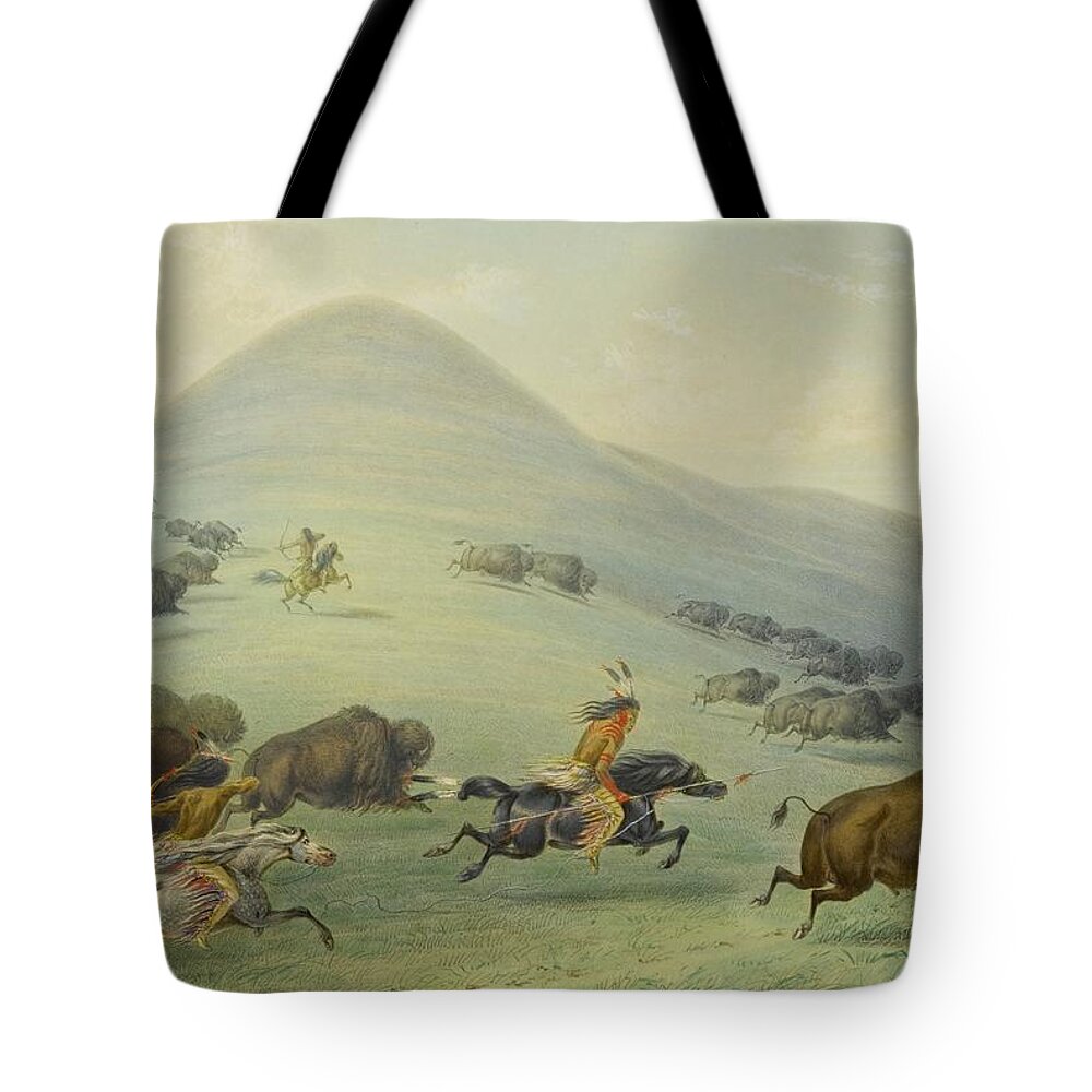 George Catlin (after) Buffalo Chase Tote Bag featuring the painting Buffalo Chase by MotionAge Designs