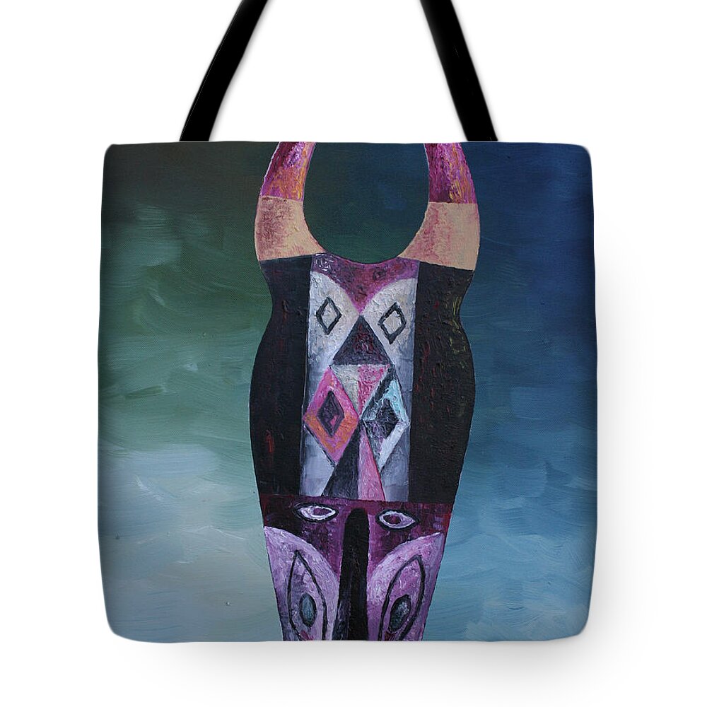 Buffalo Mask Tote Bag featuring the painting Buffalo Mask by Obi-Tabot Tabe