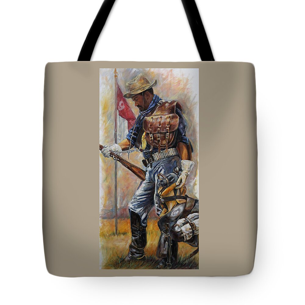 Buffalo Soldier Tote Bag featuring the painting Buffalo Soldier Outfitted by Harvie Brown