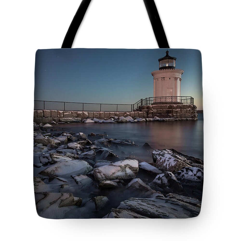 Maine Tote Bag featuring the photograph Bug Light Blue Hour by Colin Chase