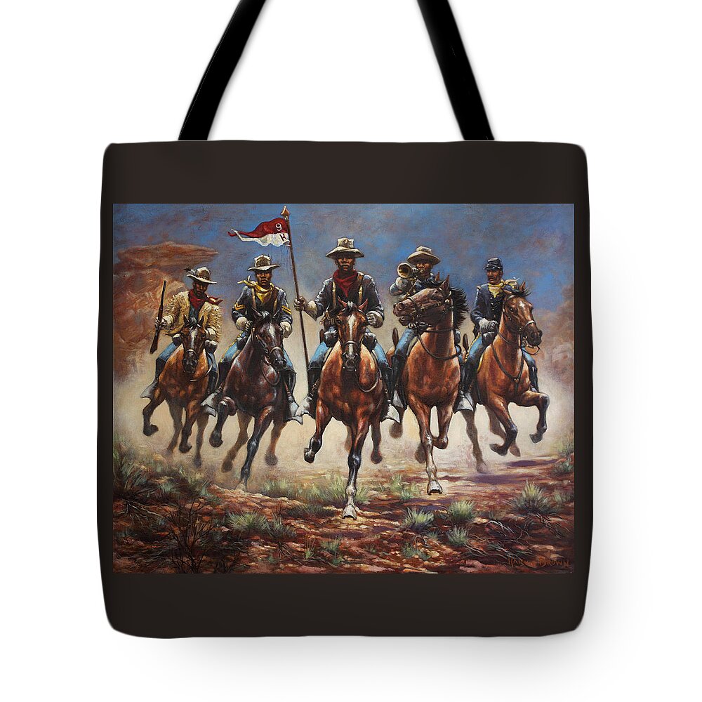 Buffalo Soldiers Tote Bag featuring the painting Bugler And The Guidon by Harvie Brown