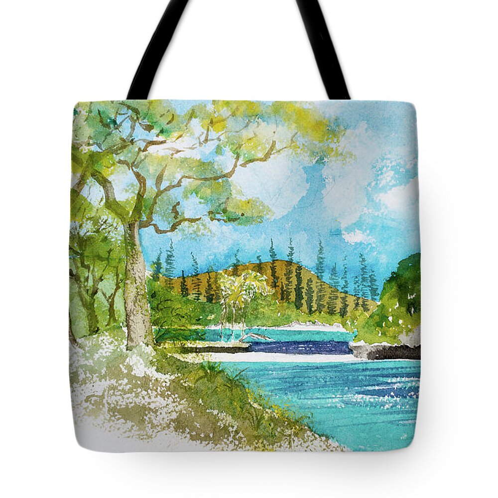 Afternoon Tote Bag featuring the painting Bugny trees at Kanumera Bay, Ile des Pins by Dorothy Darden