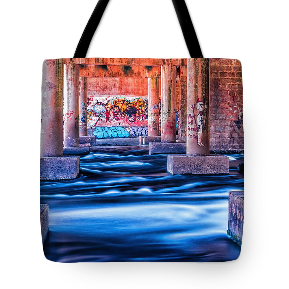 Graffiti Tote Bag featuring the photograph Building Bridges by Mike Dunn