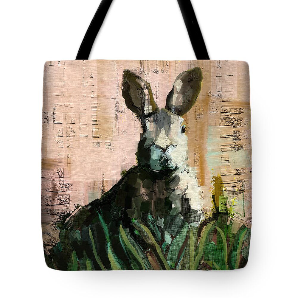 Bunny Tote Bag featuring the mixed media Bunny by Carrie Joy Byrnes