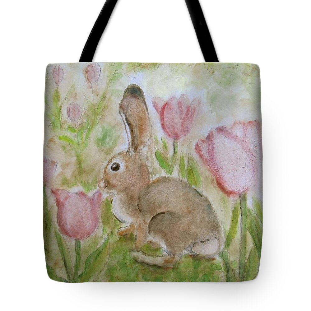 Bunny Tote Bag featuring the painting Bunny in the Tulips by Laurie Morgan