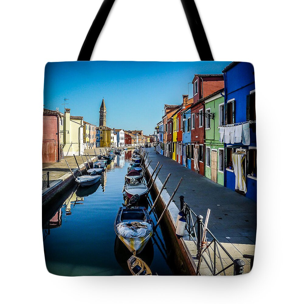 Burano Tote Bag featuring the photograph Burano Canal Clothesline by Pamela Newcomb