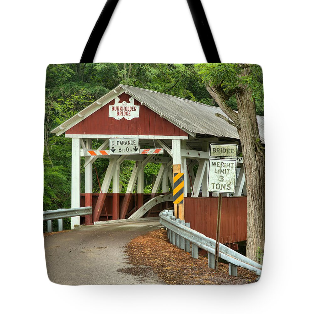 Burkholder Covered Bridge Tote Bag featuring the photograph Burkholder Bridge In The Woods by Adam Jewell