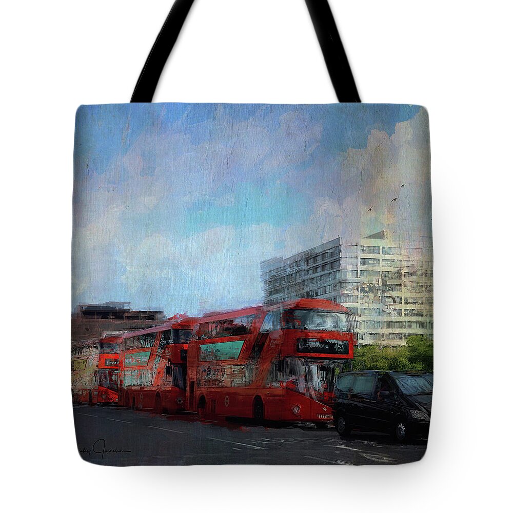 London Tote Bag featuring the digital art Buses on Westminster Bridge by Nicky Jameson