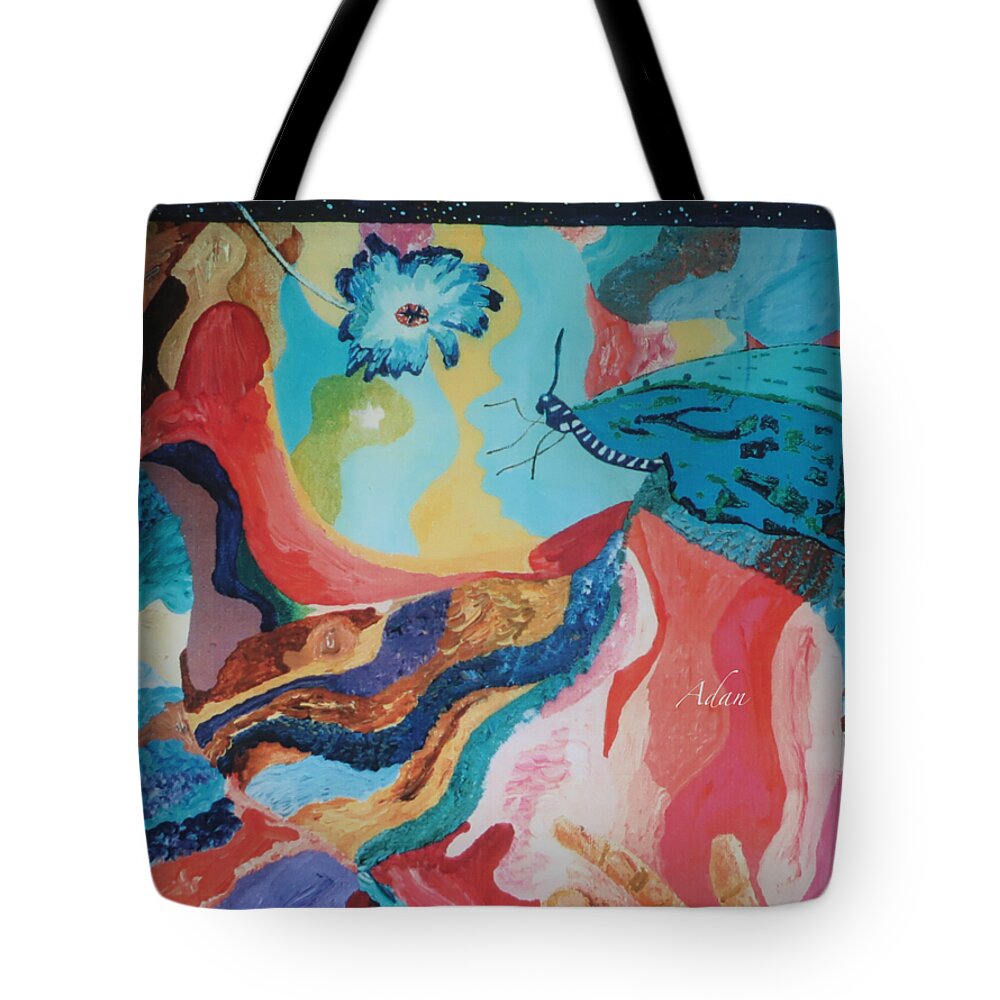 Original Oils Tote Bag featuring the painting Butterfly and Hand Surreal Abstract Vertical by Felipe Adan Lerma