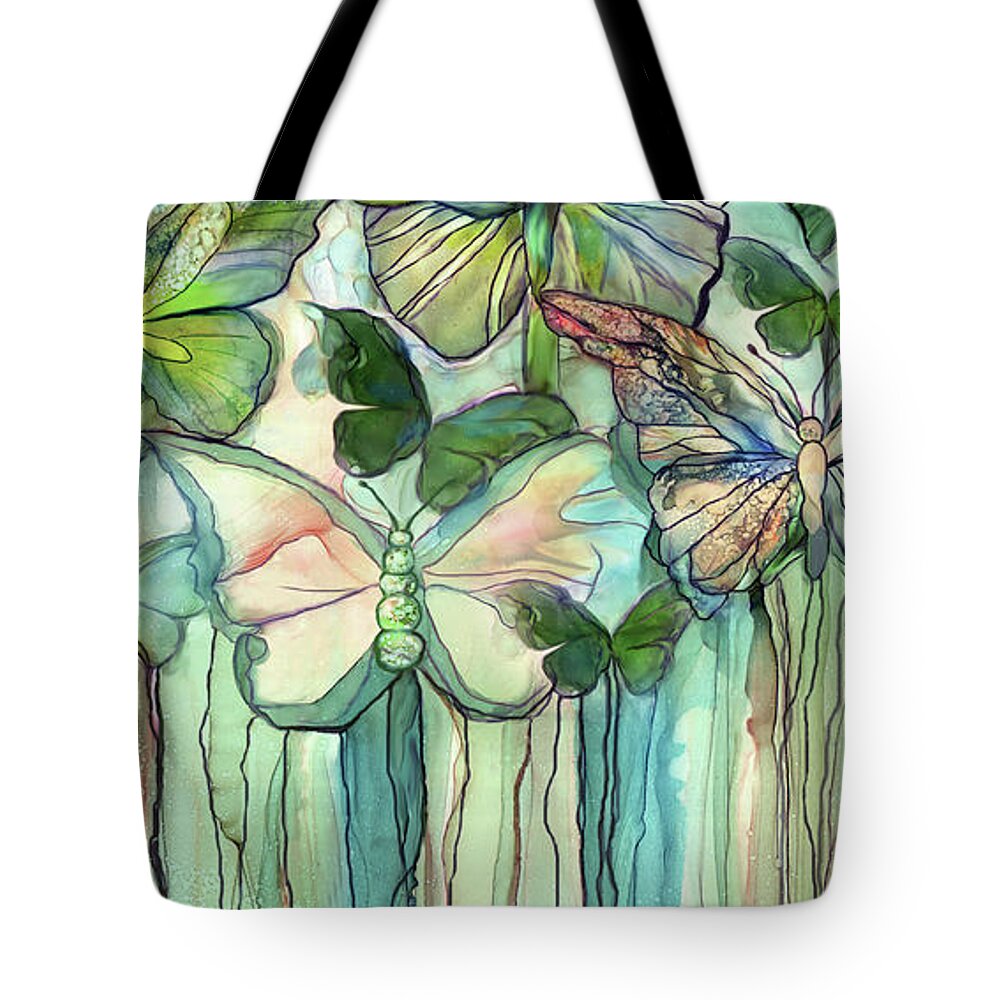 Carol Cavalaris Tote Bag featuring the mixed media Butterfly Bloomies 4 - Peach by Carol Cavalaris