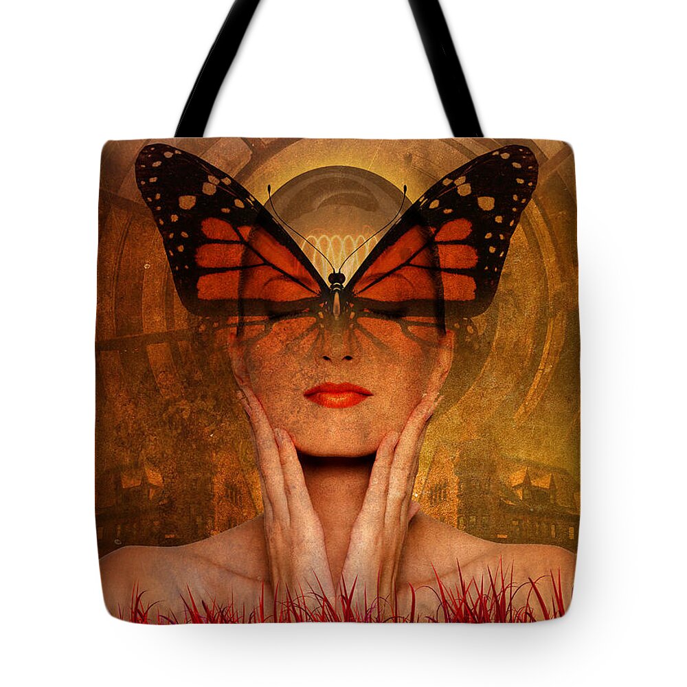 Red Tote Bag featuring the digital art Butterfly Brilliance at the Red Grass Castle by Gary Greer