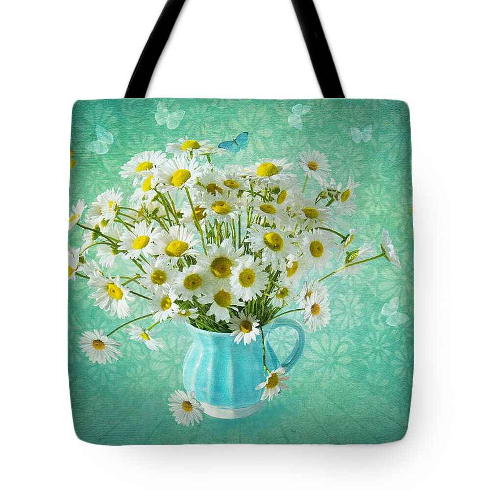 Daisy Tote Bag featuring the photograph Butterfly Kisses and Flower Petal Wishes by Marina Kojukhova
