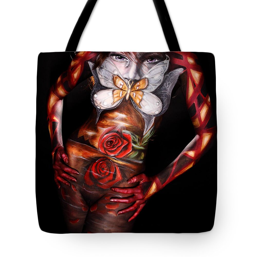 Body Paint Tote Bag featuring the photograph Butterfly Kisses by Cully Firmin