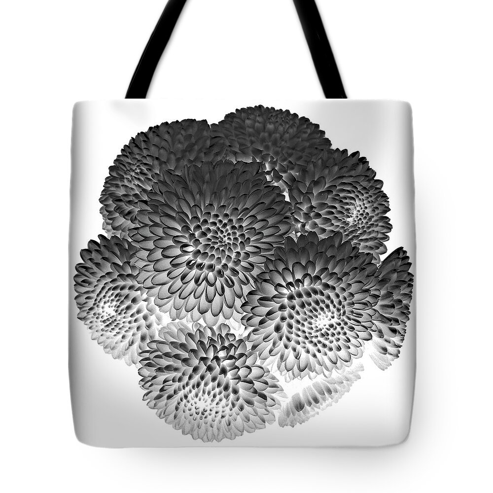 Decorative Tote Bag featuring the photograph Buttons Chrysanthemums Black and White by Lily Malor