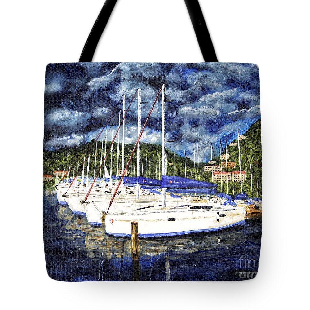 Acrylic Paintings Tote Bag featuring the painting BVI Sailboats Painting by Timothy Hacker