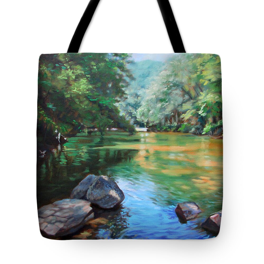 Aquatic Tote Bag featuring the painting By the River by Bonnie Mason