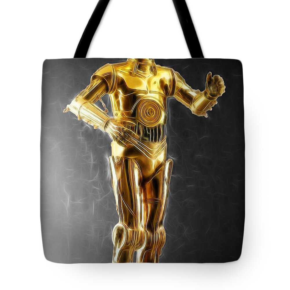 Starwars Tote Bag featuring the digital art C3PO Waiting for Something by Scott Campbell