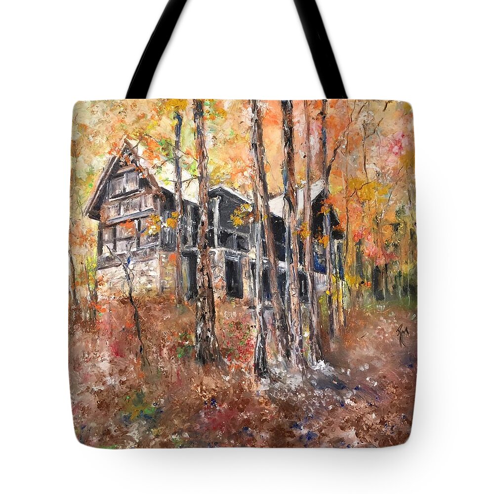 Leaves Tote Bag featuring the painting Hill Creek Cabin in Heber by Robin Miller-Bookhout