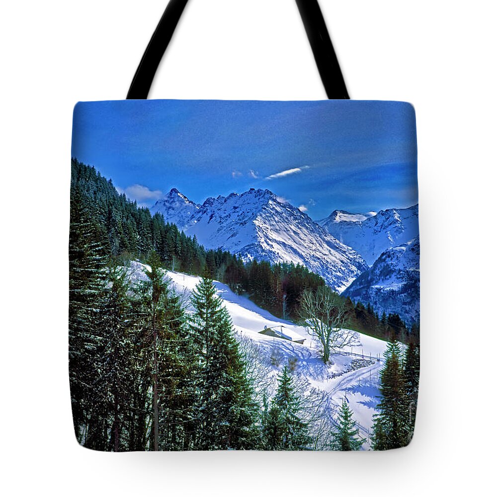 Cabin Tote Bag featuring the photograph Cabin in the Alps Switzerland, ski by Tom Jelen