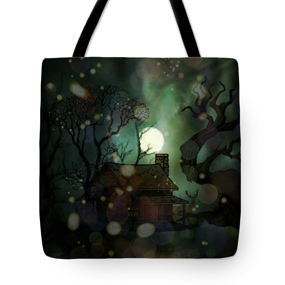 Cabin In The Woods Tote Bag featuring the digital art Cabin in the Woods by Maria Urso