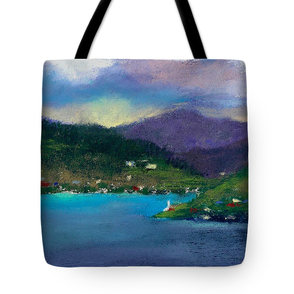 Cabins On The Lakepastel Tote Bag featuring the painting Cabins on the Lake by David Patterson
